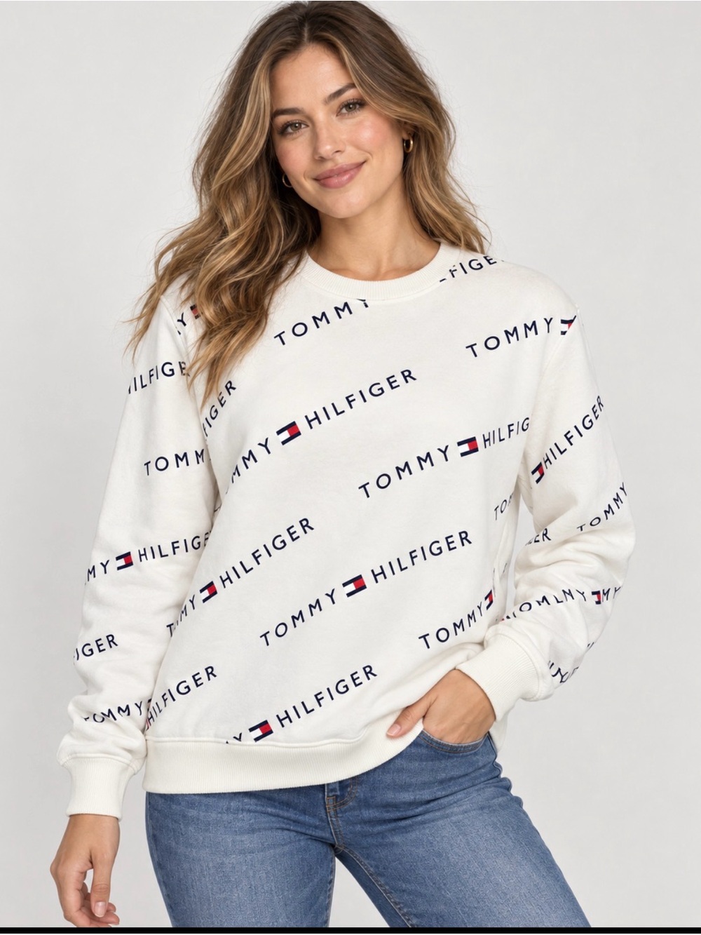 Tommy Hilfiger Allover Logo Crewneck Sweatshirt – Size L